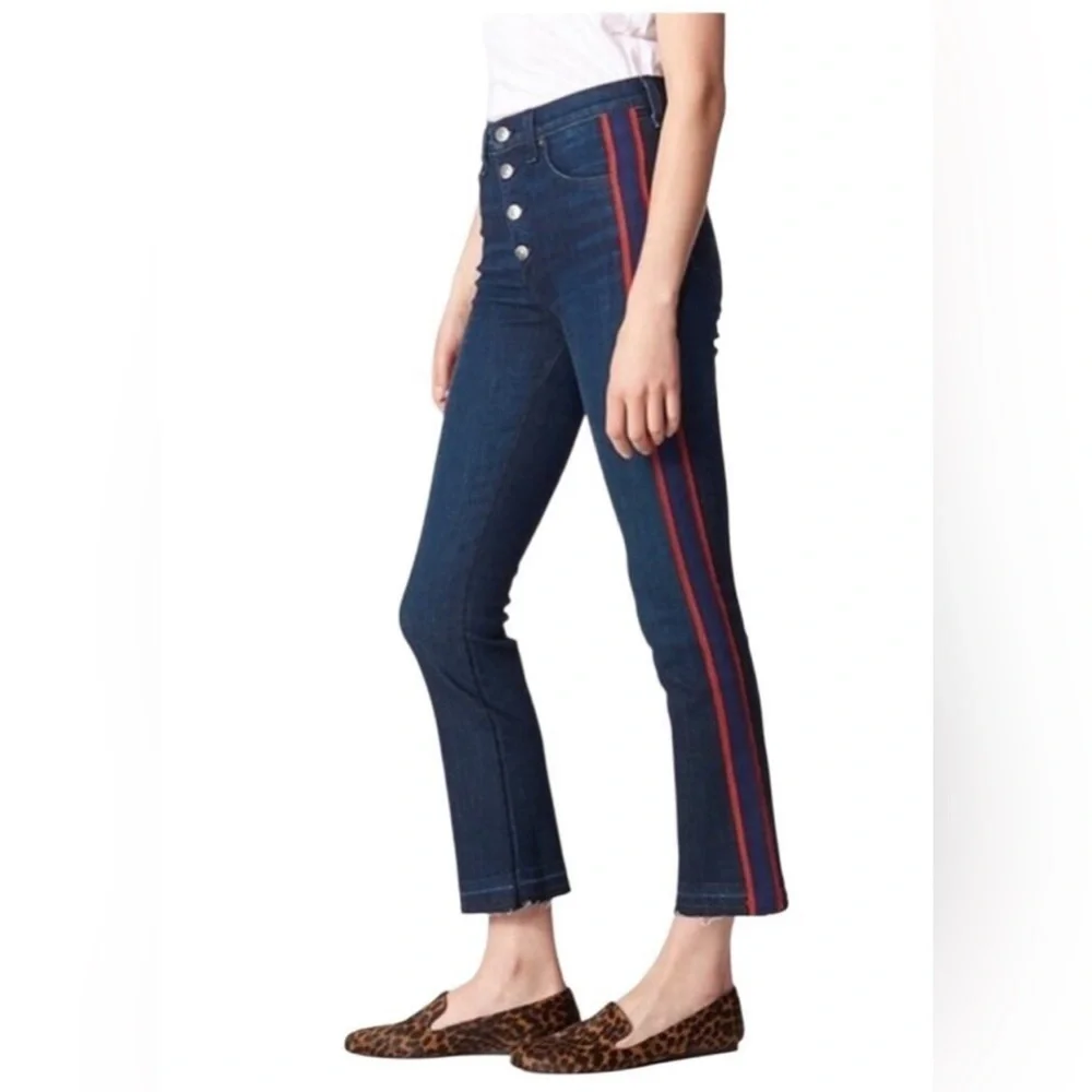 Veronica Beard Dark Blue Cropped Jeans with Red Side Stripes, hem is a raw edge - Picture 1 of 12